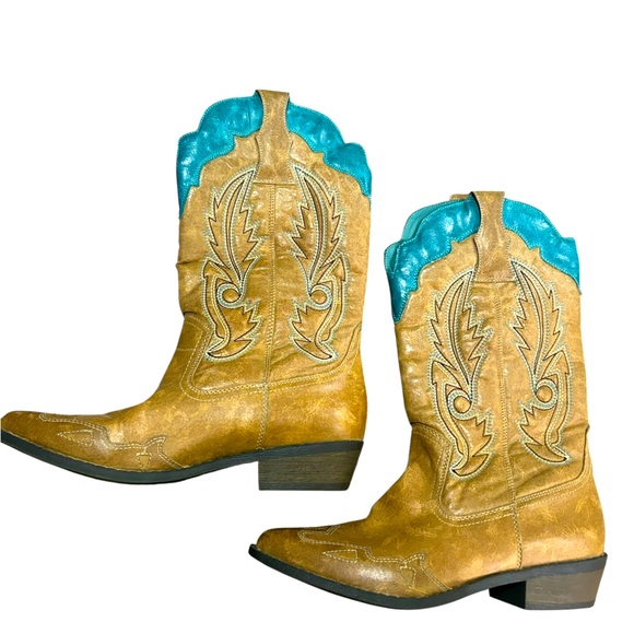 Coconuts by Matisse Shoes - Coconuts Tan and Turquoise bohemian Western Cowboy cowgirl Boots Sz 7